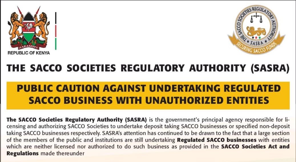 PUBLIC CAUTION AGAINST UNDERTAKING REGULATED SACCO BUSINESS WITH UNAUTHORIZED ENTITIES